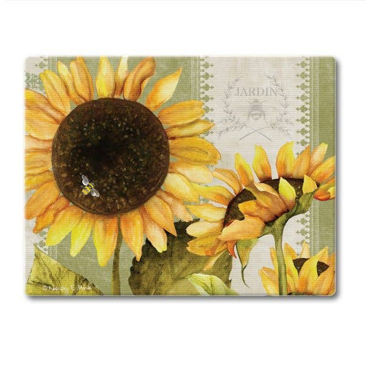 A445  Glass Counter Saver | Cutting Board 10" x 8" | Sunflowers in Bloom | Bee