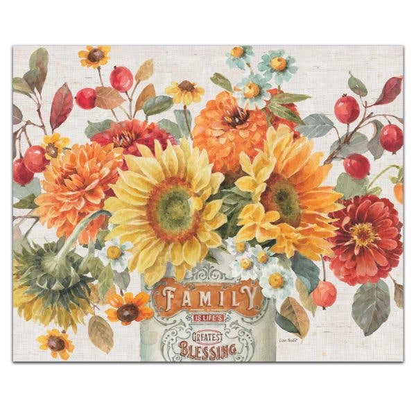 Tempered Glass Cutting Board with autumn florals of sunflowers, zinnias, berries. 10" x 8"